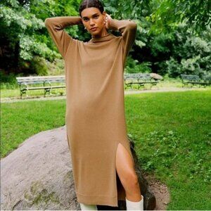 Aritzia Wilfred Cyprie 100% Merino Wool Camel Tan Slit Sweater Dress Size XXS